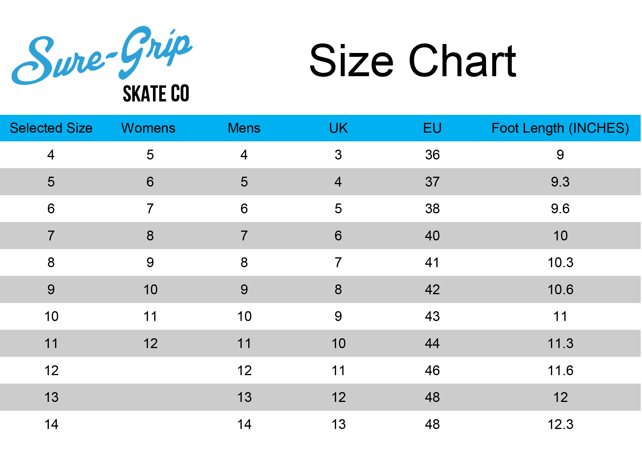 Sure-Grip Sizing Chart | Sure-Grip Skate Boot Sizing