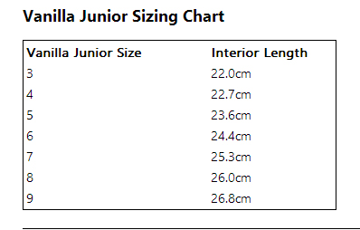 Junior Skates Size Chart