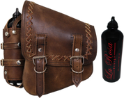 La Rosa Harley-Davidson All Softail Models Left Side Solo Saddle Bag   Swingarm Bag Rustic Brown Cross Laced with Spare Fuel Bottle Holder