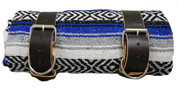 Mexican Serape Roll-up Blanket with Rustic Brown Leather Belts- Blue and White Serape