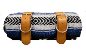 Mexican Serape Roll-up Blanket with Tan Leather Belts- Blue and Gray Serape