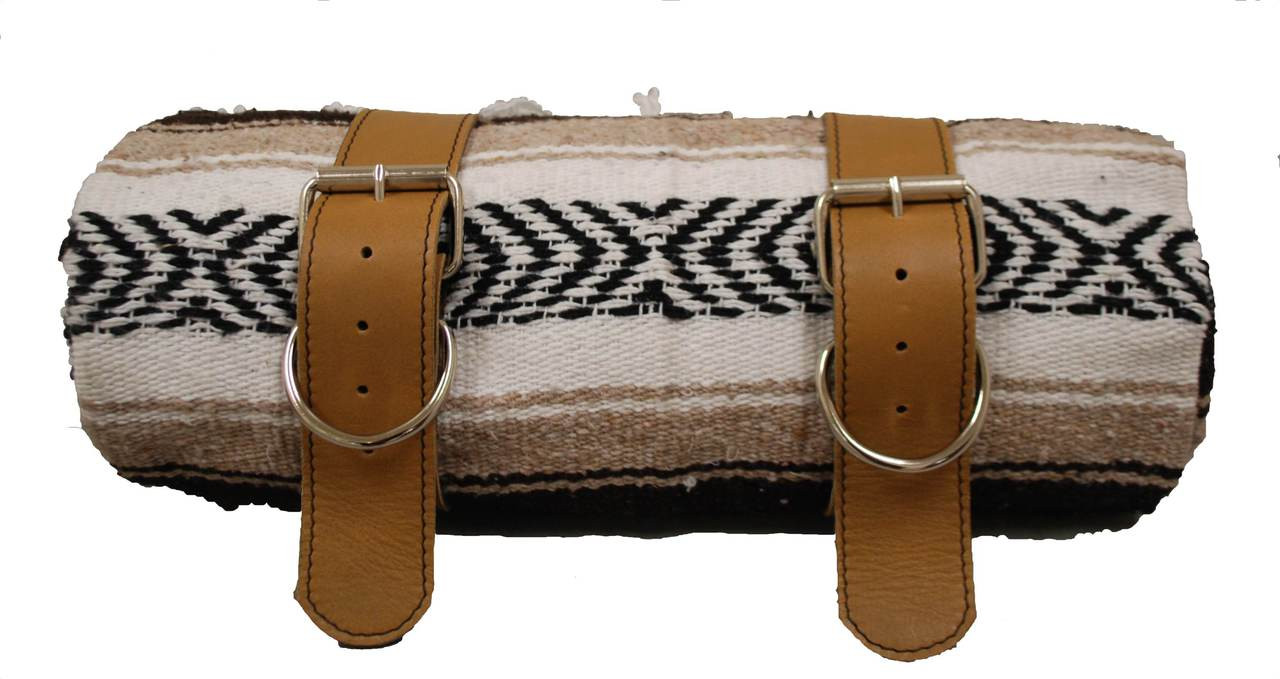 Mexican Serape Roll-up Blanket with Tan Leather Belts- Brown Serape