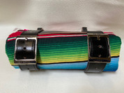 Mexican Serape Roll-up Blanket with Special La Rosa Black Leather Belts- Rainbow Serape