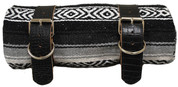 Mexican Serape Roll-up Blanket with Black Alligator Leather Belts- Black/White/Gray Serape