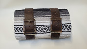 Mexican Serape Roll-up Blanket with Rustic Brown Leather Belts- Black/White/Gray Serape