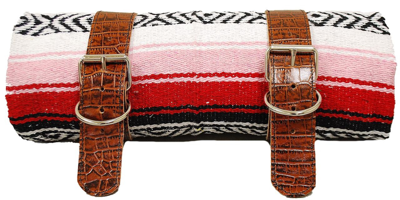 SLBR033009B-1 La Rosa Traditonal Mexican Style Roll Up Serape Blanket Universal Fit GREY-WHITE-BLACK-WITH BLACK LEATHER BELTS