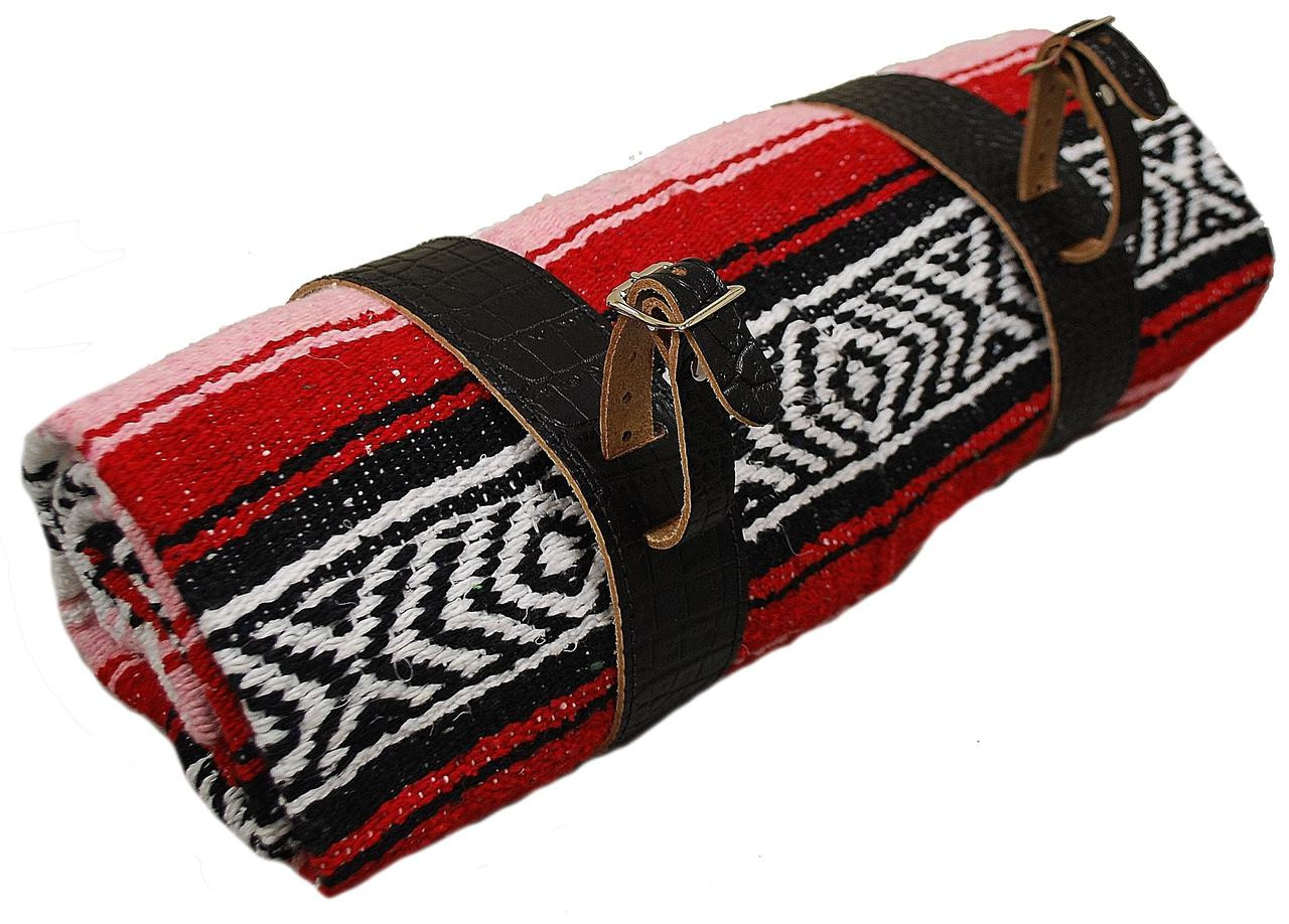 Mexican Serape Roll-up Blanket with Black Alligator Leather Belts