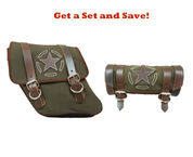 96-UP Harley-Davidson Dyna Wide Glide FXR Left Side Solo Saddle Bag and Tool Bag - Green Army Canvas w/ Brown Leather Star 