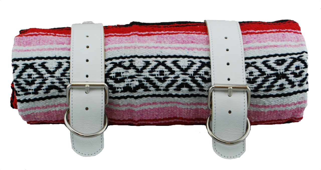 Mexican Serape Roll-up Blanket with White Leather Belts- Red Serape