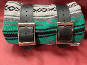 Mexican Serape Roll-up Blanket with Black Leather Belts- Green and White Serape
