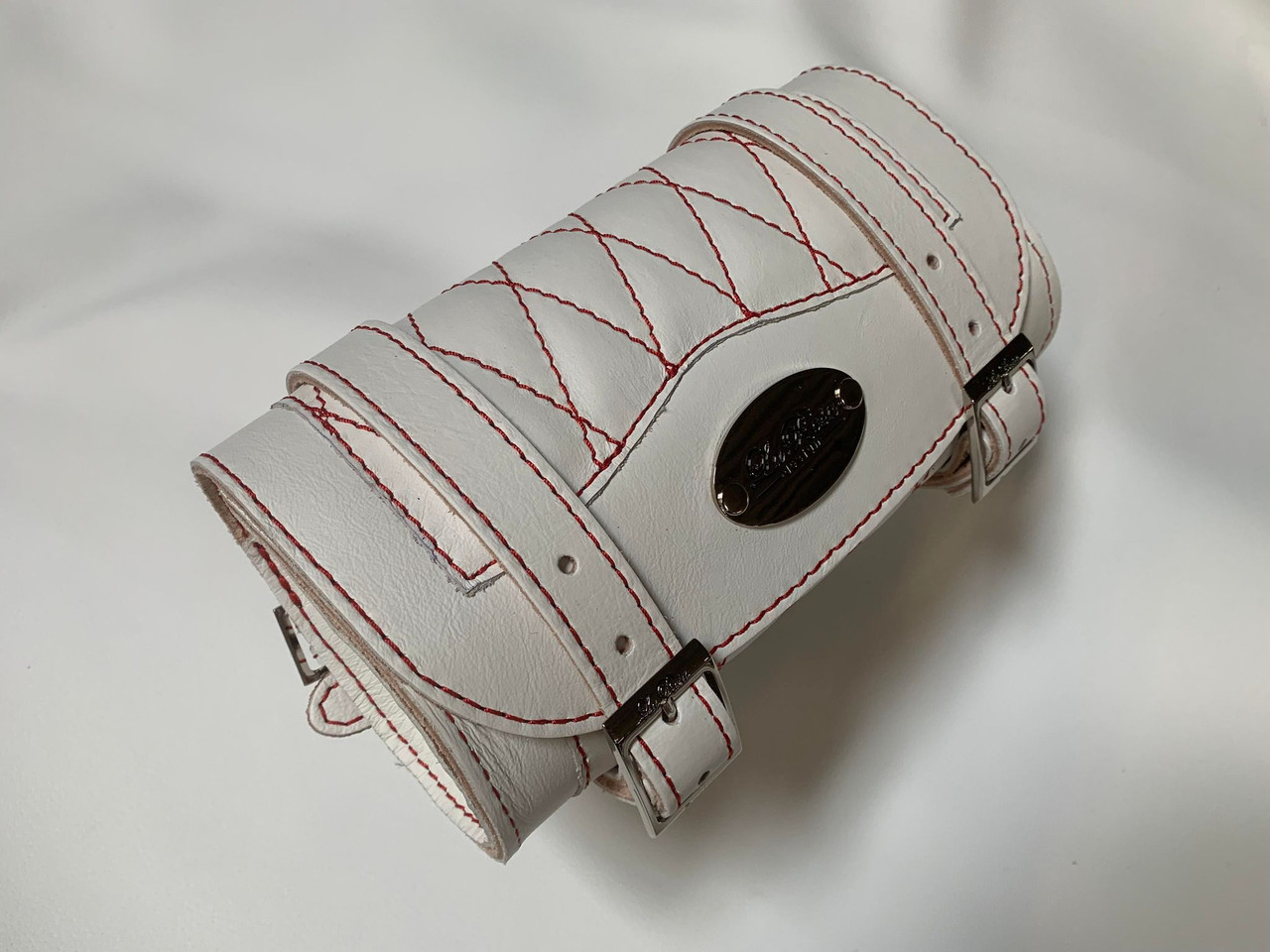 Super 73 Leather Front Forks Tool Bag White With Red Diamond