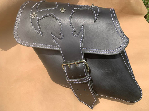 Left Side Dyna Wide Glide Black leather saddle bag with Sword Design Single Strap