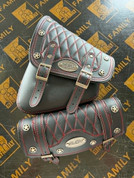 La Rosa Design Black PU Leather Swing Arm Bag and Tool Roll Combo With Red Stitching and Texas Star