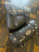 La Rosa Design Harley Chopper Bobber Black PU Leather Left Side Swing Arm Bag and Tool Roll Combo. 