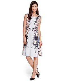 PER UNA M&S CORAL GREY BLACK FLORAL PRINT A-LINE DRESS NEW SIZE 10 LEFT £55