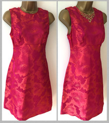 DEBENHAMS EMPIRE A LINE CERISE PINK CORAL FLORAL PARTY DRESS SIZE 8 10 12 14 16