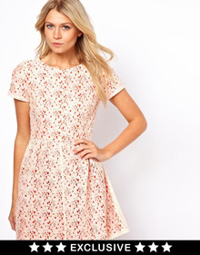 OASIS CREAM LACE SKATER DRESS WITH ORANGE CONTRAST LINING SIZE 14 NEW
