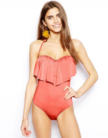ASOS 70S FRILL BANDEAU STRAPLESS OPT STRAPS SWIMSUIT DUSTY PINK SIZE 14 RRP £30