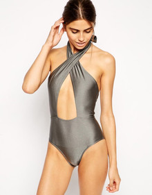 ASOS CROSS WRAP DEEP PLUNGE HALTER HIGH WAIST SWIMSUIT TRIBE GREY SIZE 14