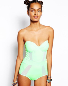 ASOS CUPPED MESH INSERT BANDEAU SWIM COSTUME FREEZE GREEN SIZE 12 B/C 10 D/DD