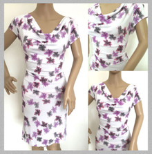 GUESS WHITE & PURPLE LEAF PRINT COWL NECK STRETCH BODYCON DRESS SIZES S M L