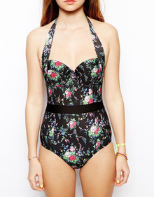 ASOS DARK FLORAL BLACK PINK BELTED SWIMSUIT COSTUME SIZE 20 22 28 RRP £35