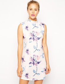 ASOS SHIFT DRESS WITH HIGH NECK IN SCUBA PINK FLORAL PRINT SIZE 16 NEW RRP £35