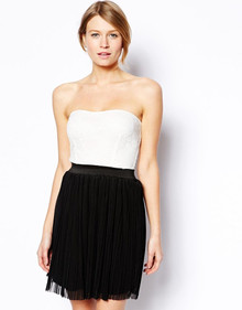 LOVE IVORY LACE BANDEAU SKATER DRESS BLACK PLEAT SKIRT SIZE 10 NEW RRP £36