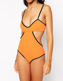 RIVER ISLAND CARY&apos;S CAMI SWIMSUIT CUT OUT MANGO & BLACK SIZE 6 NEW RRP £30