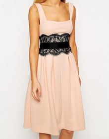 ASOS NUDE DEBUTANTE MIDI DRESS WITH BLACK LACE TRIM SIZE 6 NEW RRP £45