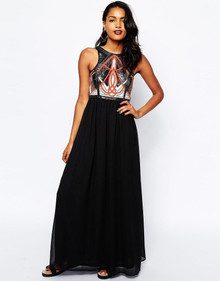 RIVER ISLAND EMBELLISHED CROP TOP BLACK MAXI COCKTAIL DRESS SIZE 6 NEW RRP £80