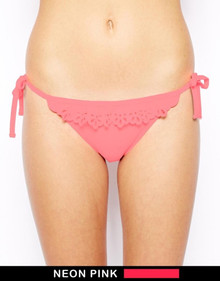 NEW LOOK FLOUNCE CUTWORK SIDE TIE BIKINI BOTTOM FLAMINGO PINK SIZE 8