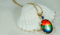 Ammolite Gold pendant with sapphire.Ammolite jewelry.