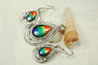 Ammolite Jewelry Set of Silver Pendant and Earring Dangles.Teardrop bright four color rainbow matching ammolites.