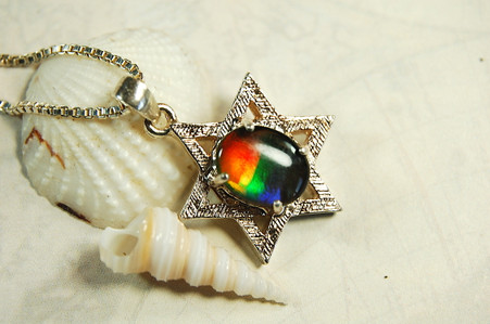 Ammolite pendant. Bright Four color Silver Star of David.