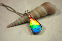 Ammolite Jewelry Pendant necklace.Brilliant rainbow ammolite gem.