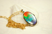 Ammolite Jewelry Pendant Necklace Rainbow Gem in solid 14k Gold.