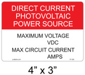 Direct Current Photovoltaic Power Source Sign - 4" X 3" - Item #07-209
