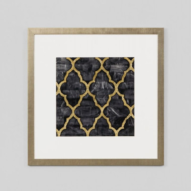 FRAMED PRINT: MOTHER OF PEARL EBONY.

MOROCCAN INSPIRED FRAMED PRINT FEATURING GOLD LATTICE PATTERN ON EBONY BLACK.

ONE OF A SET OF FOUR.

DIMENSIONS: 50W x 50H (CM)

AVAILABILITY: USUALLY SHIPS IN 2-4 WEEKS.

FRAMED IN AUSTRALIA.