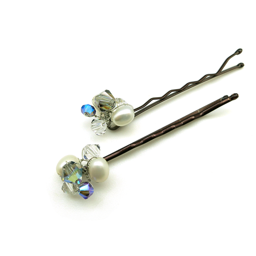 Hair Pins Freshwater Pearls Black Diamond Swarovski Crystals 2 Set White Blue