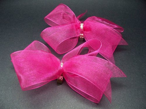 Bridal Fuchsia Pink Organdy Bow Shoe Accessories w Swarovski Crystals