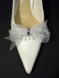 Bridal Shoe Clips White Organdy Something Blue Bow Accessory Swarovski