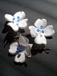 Couture White Dogwoods Petite Bridal Hair Pins Blue Swarovski Crystals
