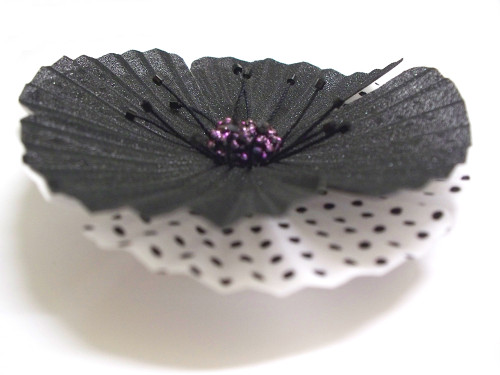 Oriental Flower Dress Brooch Pin Silk Poppy Black, White Polka Dot