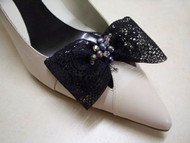 Tiffanys Style Bridal Black Lace Bow Shoe Clips w Pearls Swarovski