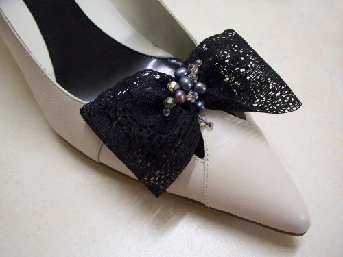 Tiffanys Style Bridal Black Lace Bow Shoe Clips Pearl Swarovski Crystals