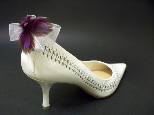 White Organdy Purple Feather Bow Bridal Shoe Accessories Swarovski