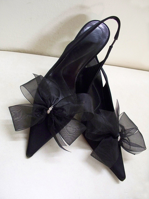Bridal Shoe Clips Accessories Organdy Black Bow Swarovski Rhinestones