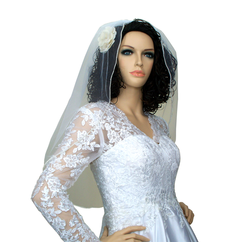 Bridal Wedding Pearl Edge Veil Elbow 40 x 30 in White with Comb