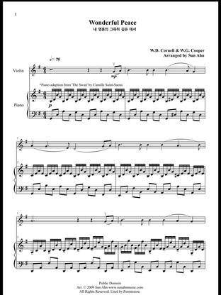 As appeared in Violinist Angie Sohn's  CD 'With All My Heart', it is an arrangement of beloved Hymn 'Wonderful Peace'

The violin part uses various technique and the piano accompaniment part is adapted from Camille Saint-Saens' Swan. It  is very suitable for offertory for worship services and special music in any church program.

https://youtu.be/DHJzYT7W_-A

2 files /Duration 3'08"
 

*Make sure your computer is equipped with a program that can open PDF files (such as Adobe Reader) before you make your purchase.

 

바이올리니스트 손인경 님 CD 에 수록된 이곡은 애창하는 찬송가 ' 내 영혼의 그윽히 깊은 데서'를 바이올린의 다양한 주법을 사용하여 편곡하였습니다. 또한 피아노 반주 부분은 생상의 잘 알려진 '백조'를 차용하여 차분하고 안정적인 느낌을 나타내줍니다. 

https://youtu.be/DHJzYT7W_-A

2개의 파일 / 연주시간 3분08초


*컴퓨터에 PDF 파일을 열어 읽을수 있는 프로그램 (Adobe Reader 등) 이 설치되어 있는지 꼭 확인하신후 구입하시기 바랍니다.

 

 